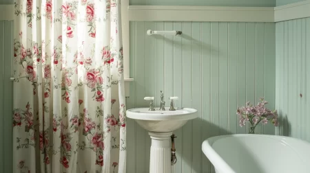 Green beadboard wainscoting inside a classic looking bathroom with a floor-length, floral-print curtain covering the window.